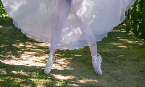 Low section of woman doing ballet dance on field