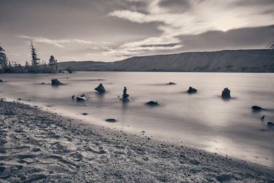 Rock cairn along the shore of fremont lake near pinedale, wyoming.