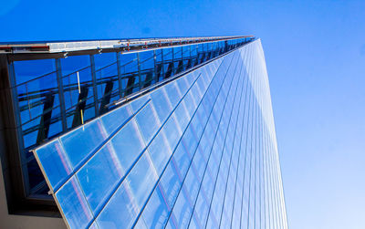 Low angle view of modern glass building against clear blue sky