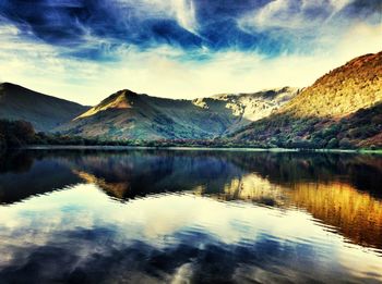 Scenic view of lake against cloudy sky