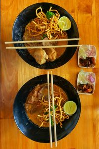 High angle view of meal served on table