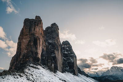 Low angle view of rock formation against sky during winter