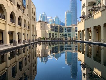 Reflection of buildings in swimming pool