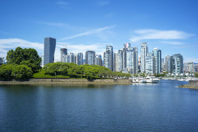 City by river and buildings against sky