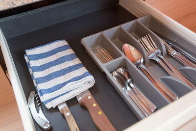 High angle view of objects on table