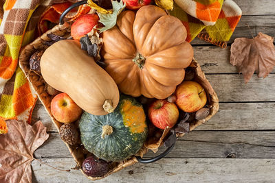 High angle view of pumpkins on table