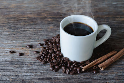 High angle view of coffee cup on table