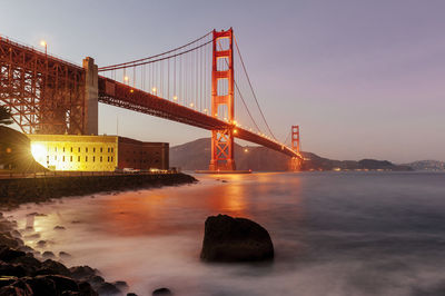 View of suspension bridge at sunset