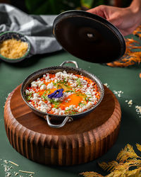 High angle view of dessert on table