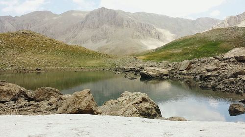 Lake with mountains in background