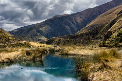 Scenic view of lake and mountains against sky