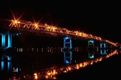 Illuminated bridge over river in city at night