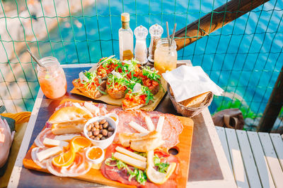 High angle view of food served on table