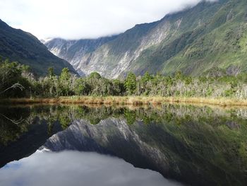 Scenic view of lake and mountains against sky