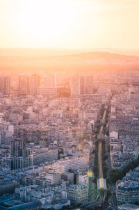 High angle view of cityscape against sky during sunset