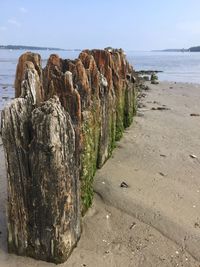 Rocks on beach against sky