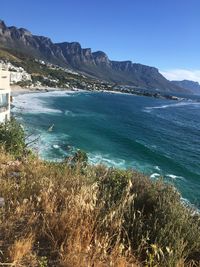 Scenic view of sea against blue sky