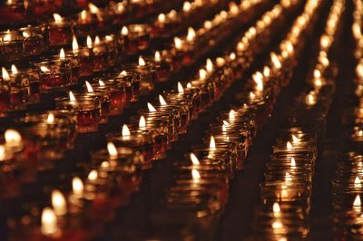 Full frame shot of tea light candles in temple