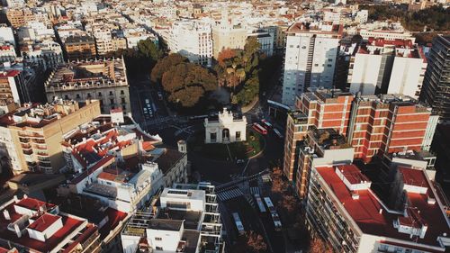 High angle view of city buildings