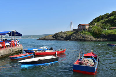 Boats in sea against clear blue sky