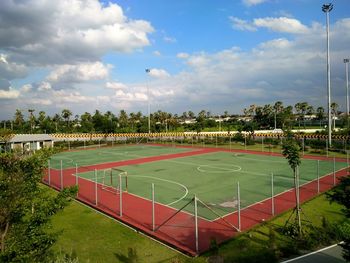 Scenic view of soccer field against sky