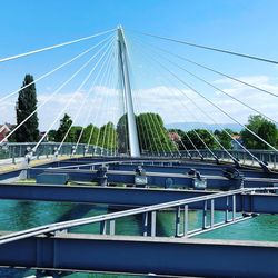 Low angle view of suspension bridge against sky