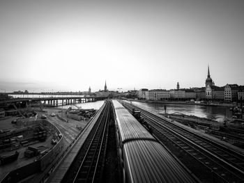 High angle view of railroad tracks against clear sky