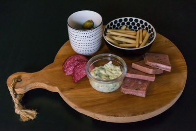 High angle view of breakfast on table