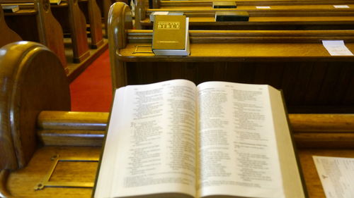 High angle view of open book on table