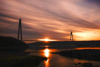 Suspension bridge over river during sunset