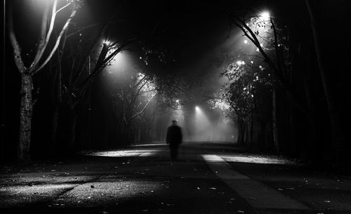 Rear view of man walking on road at night