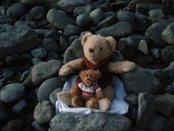 High angle view of stuffed toy on rocks