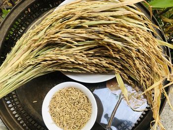 High angle view of breakfast on table