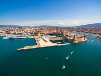 High angle view of boats in bay