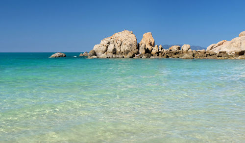 Scenic view of sea against clear blue sky