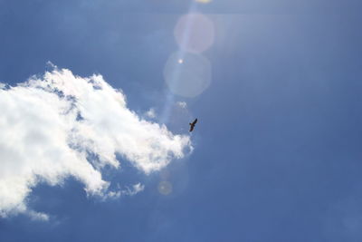 Low angle view of airplane flying against blue sky