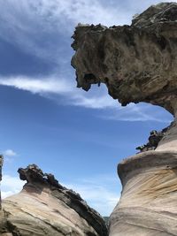 Low angle view of rock formations against cloudy sky