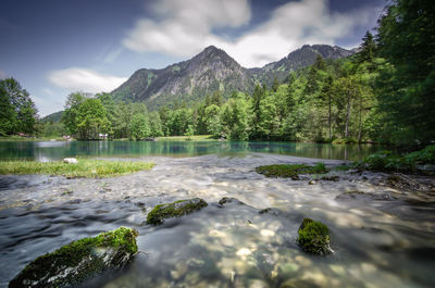 Surface level of lake against sky