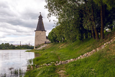 Pskov kremlin at the confluence of two rivers, the great and pskov in russia