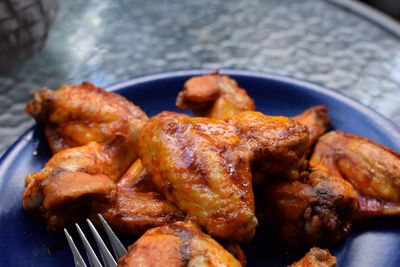 High angle view of roasted meat in plate