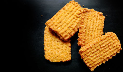 High angle view of bread in plate on table