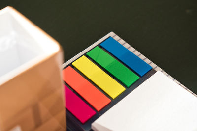 High angle view of multi colored pencils on table