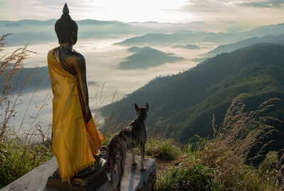 Dog standing by buddha statue against mountains during foggy weather