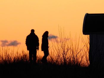 Silhouette friends standing on field against sky during sunset