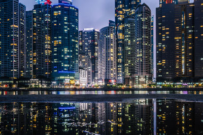 Illuminated buildings in city at night