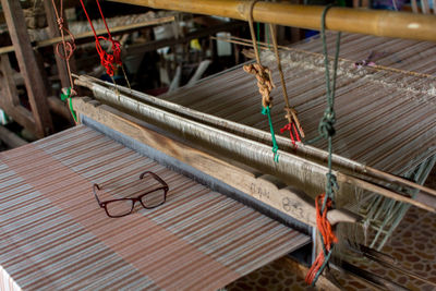 High angle view of loom in textile industry