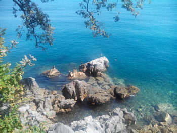 High angle view of sea by rocks against blue sky