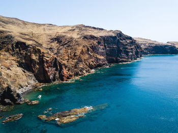 Scenic view of bay against clear sky