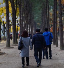 Rear view of people walking in forest