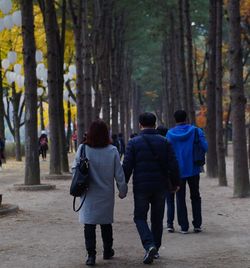 Rear view of people walking in forest